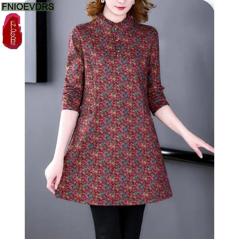 

L-5XL Warm Thick Mini Dress 2023 Women Winter Basic Wear Fashion Ruffles Retro Vintage Floral Print Red Green Dresses