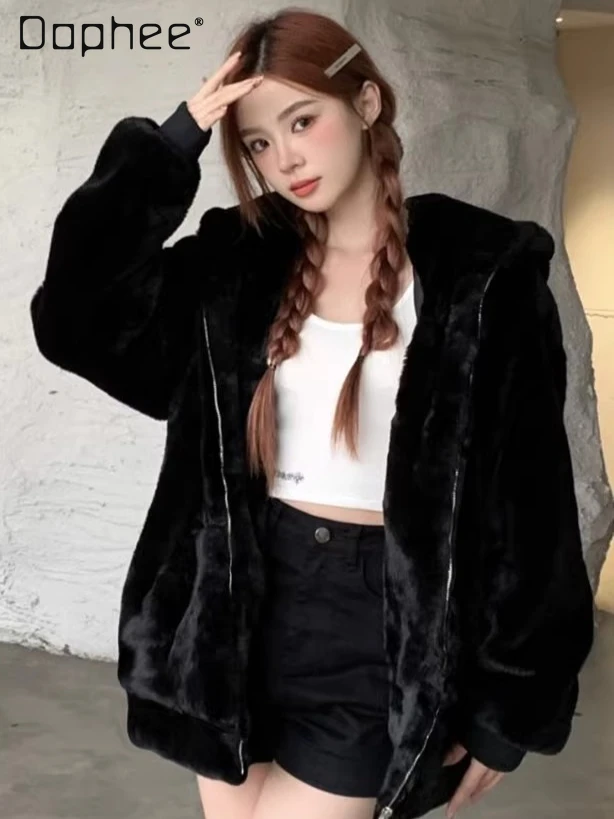 

Original Cute Ear Plush Coat for Women 2025 Autumn Winter New Black Thickened Cute College Style Kawaii Loose Warm Faux Fur Coat