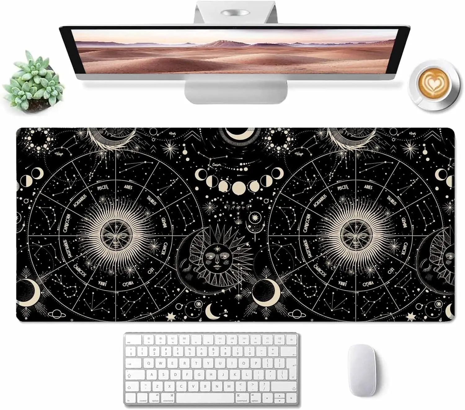 Astrology Constellation Large Desk Mouse Pad,Sun Moon Face Zodiac Lunar Phase Dark Art Print,Non‑Slip Mat For Gaming Office Desk