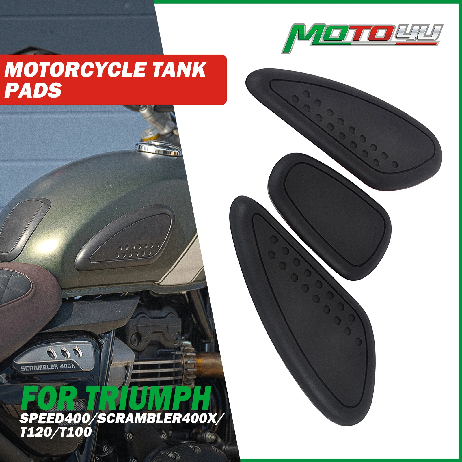 For Triumph Speed 400 Scrambler 400X T120/T100 3PCS Motorcycle Rubber Tank Knee Pads Upper Pad Sticker Protect Knee Grip Decal