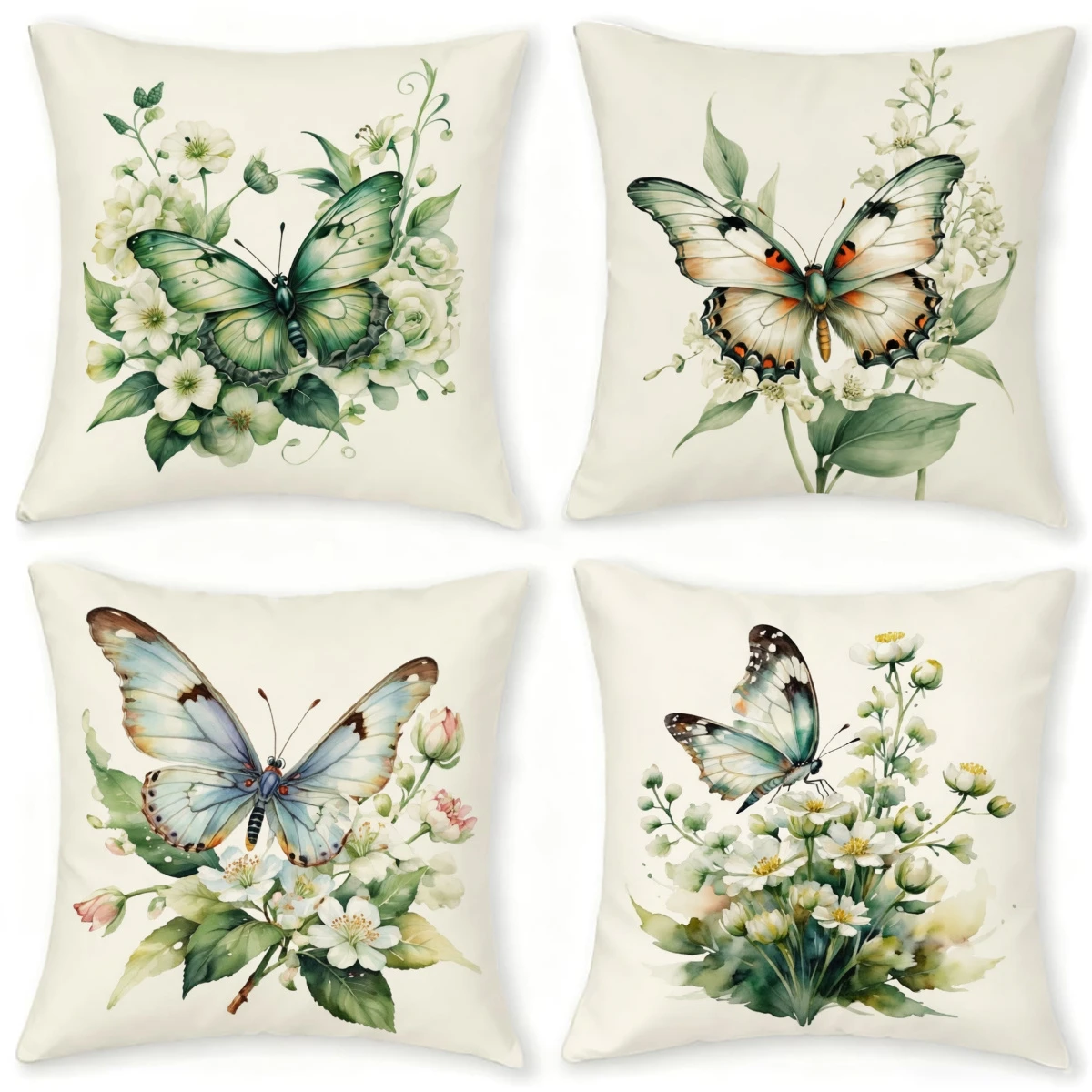 4pc Watercolor Butterfly Floral Throw Pillow Covers Vintage Botanical Home Decor Cushion Cases for Sofa Bedroom Living Room