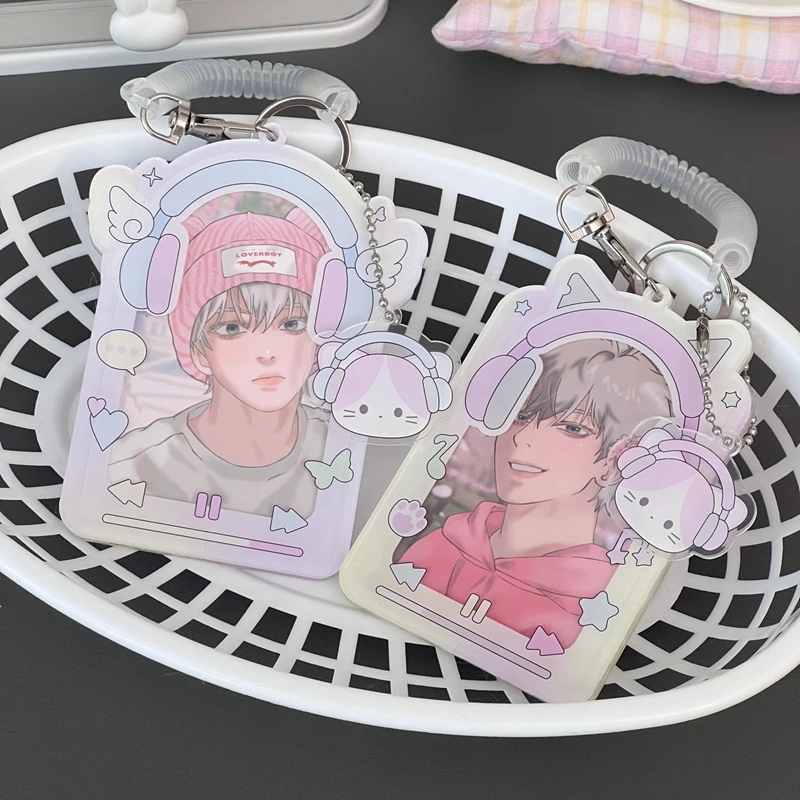 Korean Cute Headphone Acrylic Card Holder 3 Inch Kpop Idol Photo Protective Display Sleeves with Pendant Kawaii Stationery Gifts