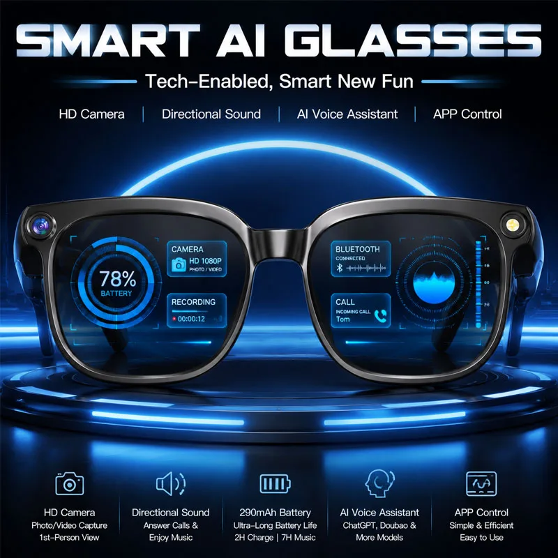 Nouvelles Lunettes Intelligentes 2026 avec Caméra HD 800W, Étanchéité IP65, Batterie 290mAh, Traduction et Enregistrement en Temps Réel, Lunettes de Soleil