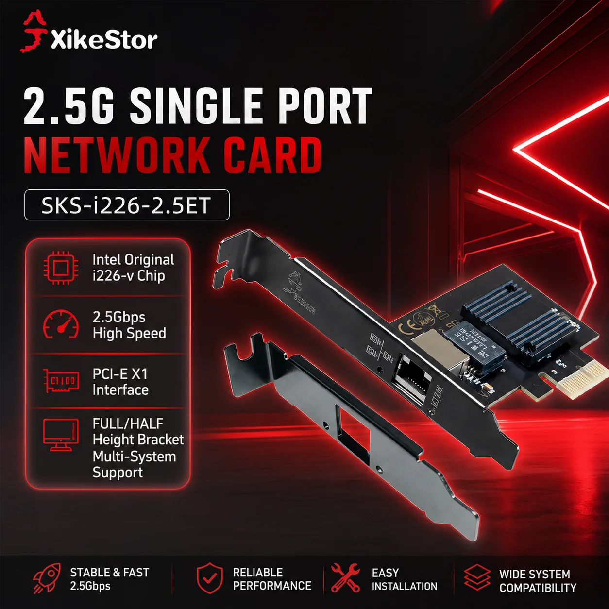 Xikestor SKS-I226-2.5ET Network Card Intel I226 Chip RJ45 Single Port 2.5GbE LAN Adapter for Desktop PC Gaming NAS Server