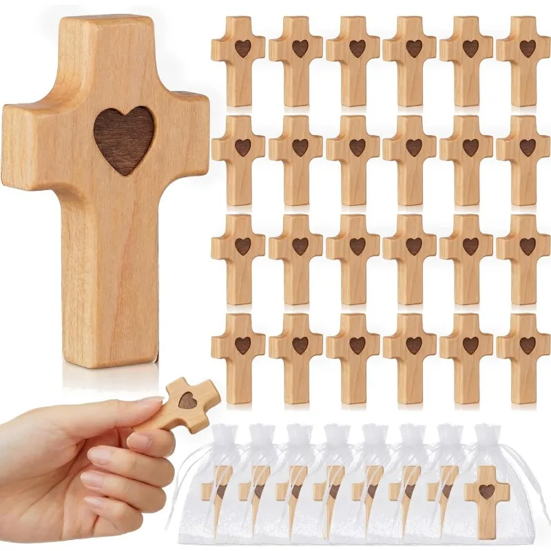 24 Set Cross Fidget Wood with Organza Bags Cross My Heart Encouragement Gift Wooden Pocket Crosses Clinging and Church Praying