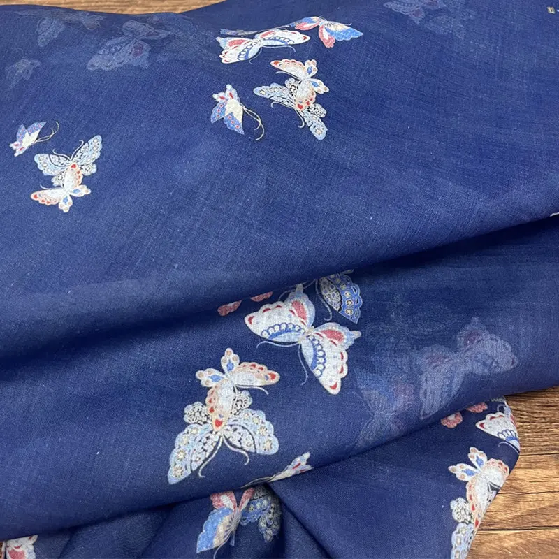 Blue Background Butterfly Print Ramie Fabric Vintage Artistic Qipao Hanfu Dress Clothing FashionTextile Apparel Fabric
