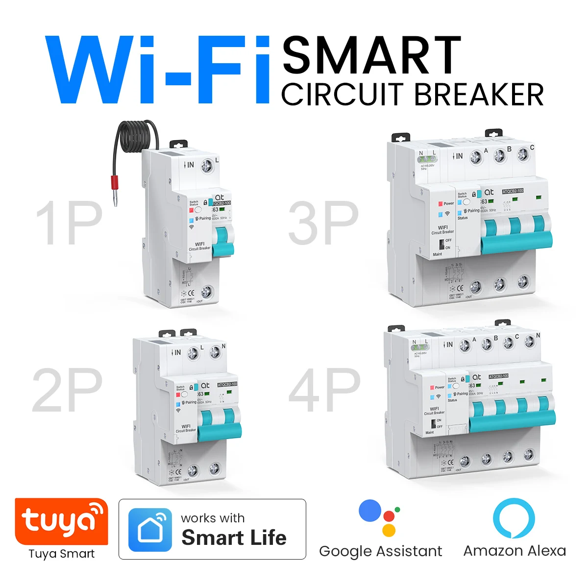 AT Tuya Smart WiFi Circuit Breaker 1P 2P 3P 4P 1-63A Adjustable Smart Life Power Statistics Remote Control MCB
