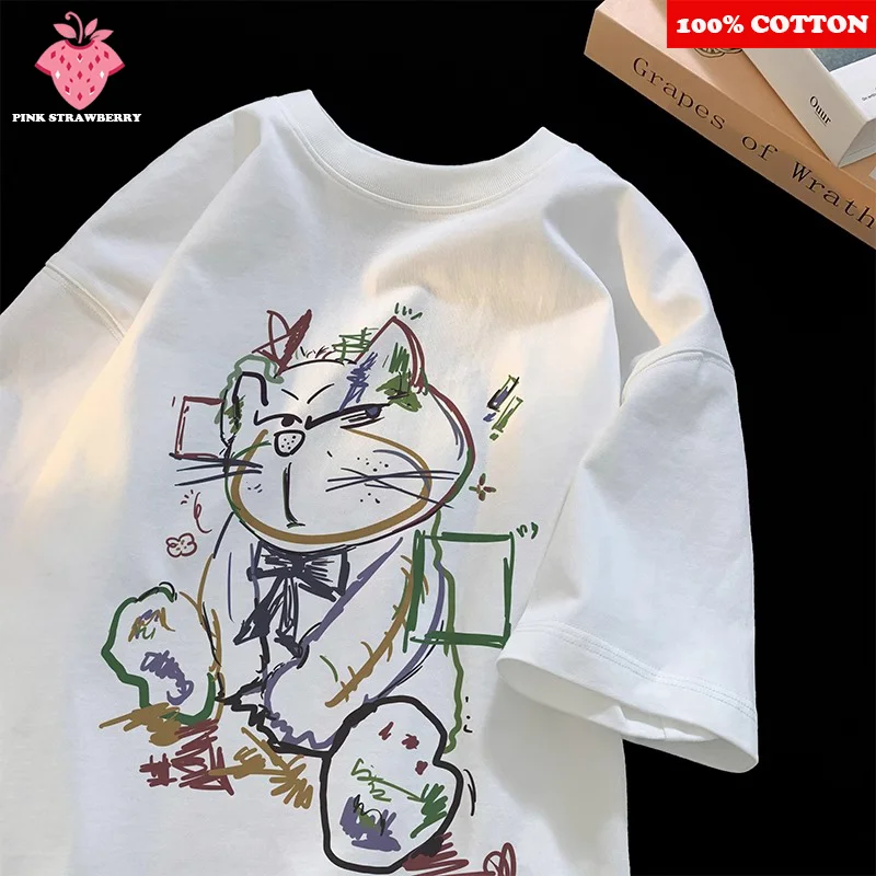 

Cartoon Graffiti Bear Print T-shirt Men Summer New 100%Cotton Short sleeve Fashion Pattern T-shirt Casual Y2k Top mens clothing