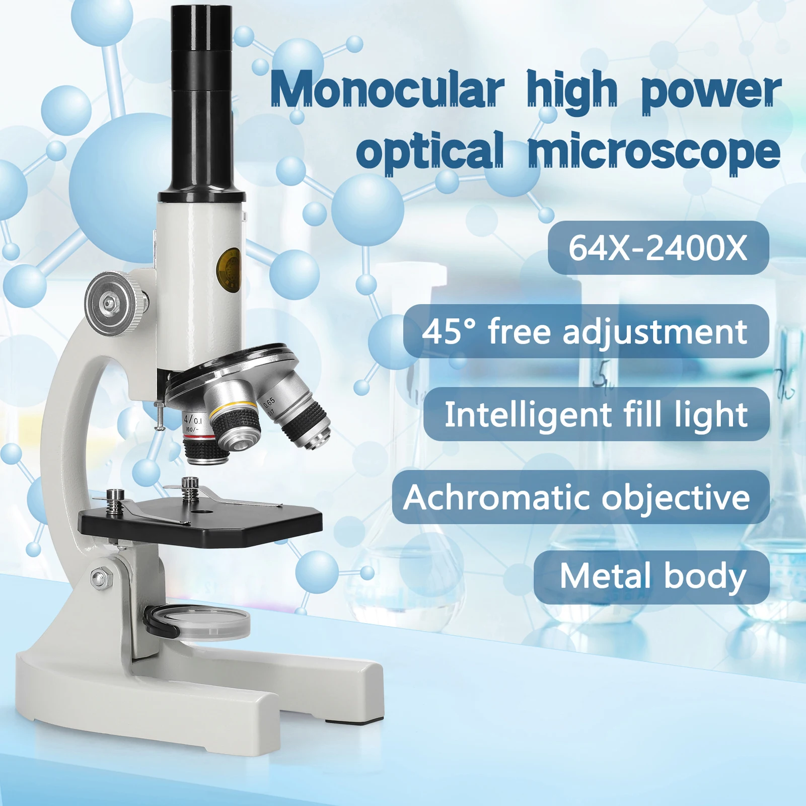 64X-2400X Monocular Optical Microscope Elementary School Children Science Experimental Biology Teaching Microscope