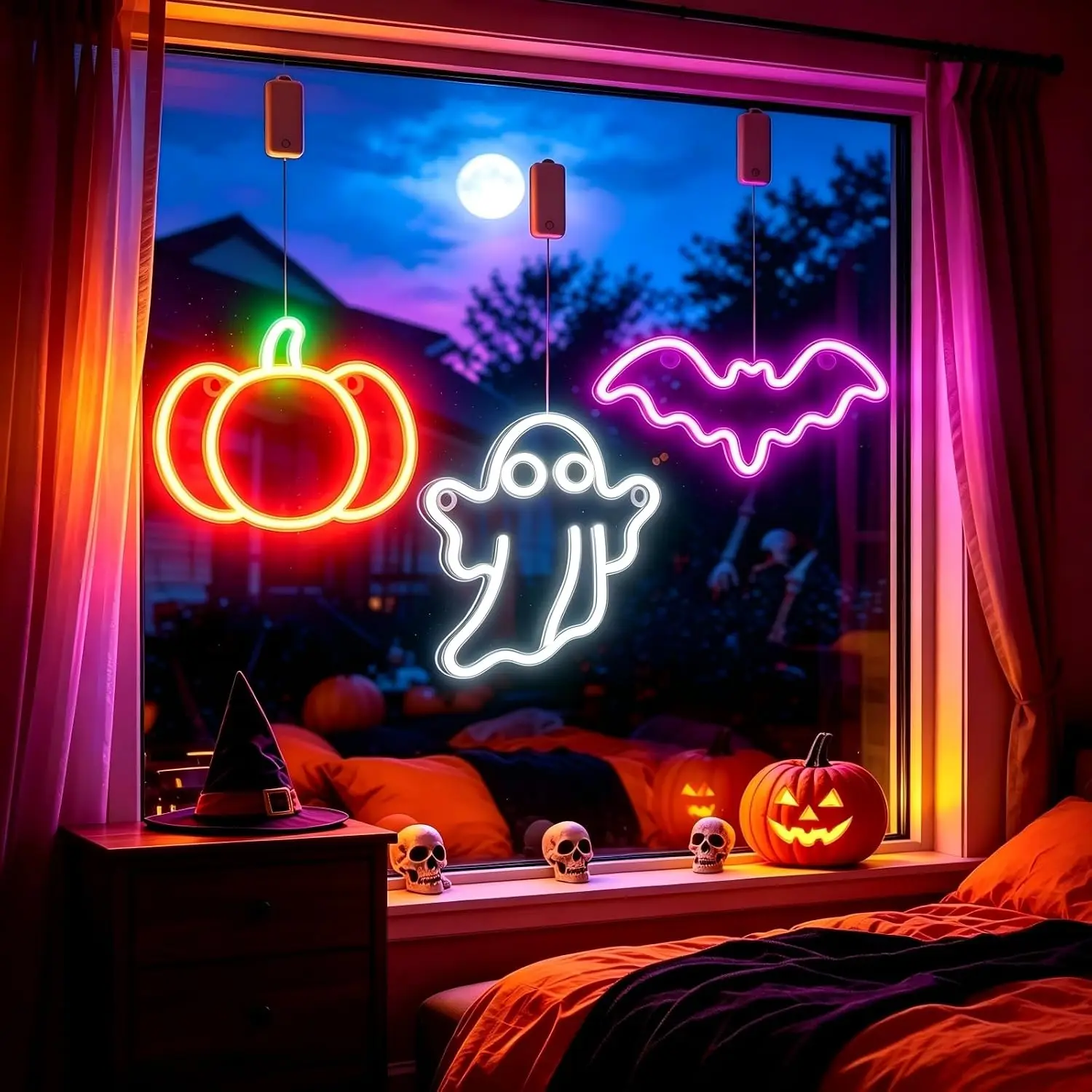 3pcs/set Halloween Pumpkin Ghost Bat LED Neon Sign USB Neon Light Christmas Gift Hanging Lamp For Game Room Bedroom Party Decor