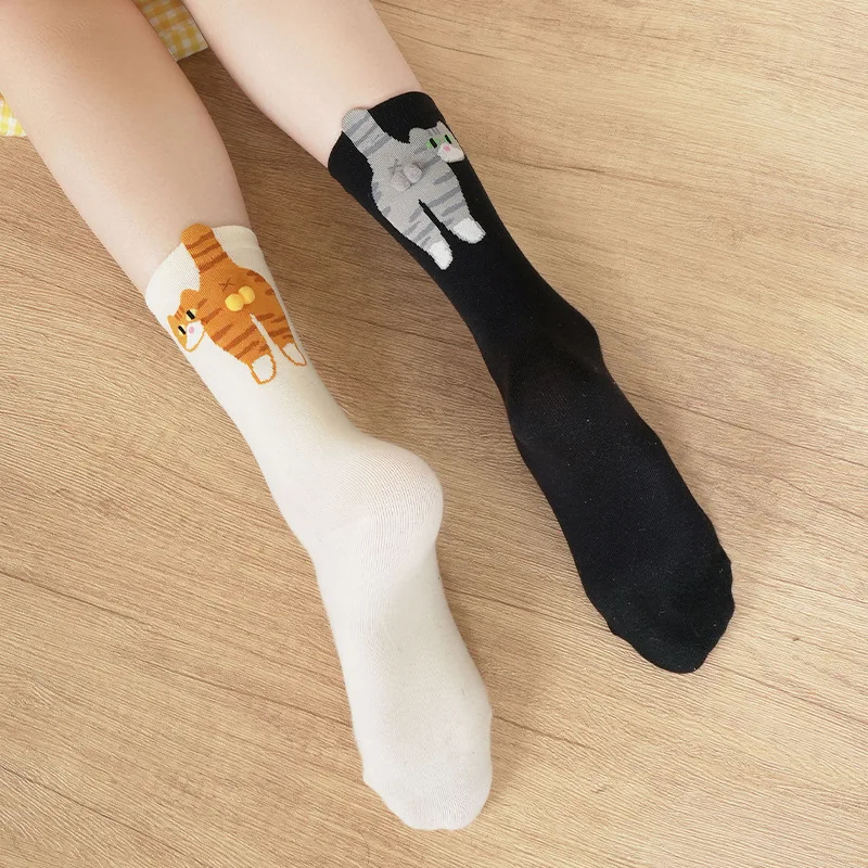 Calcetines divertidos de dibujos animados para mujer, accesorios de algodón con patrón de gato, calcetines de tubo medio, calcetín deportivo antideslizante