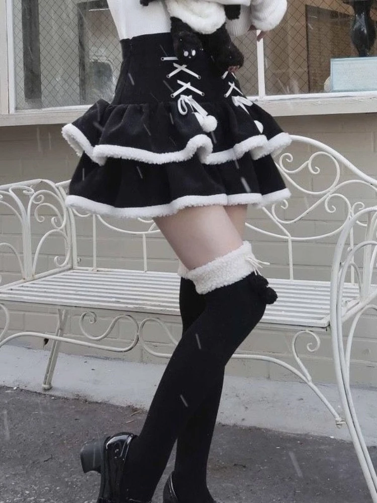 جديد الشتاء Y2k اليابانية لوليتا التنانير النساء خمر تصميم أسود أبيض عالية الخصر التنانير الصغيرة Harajuku شيك ضمادة التنانير الحفلات #4
