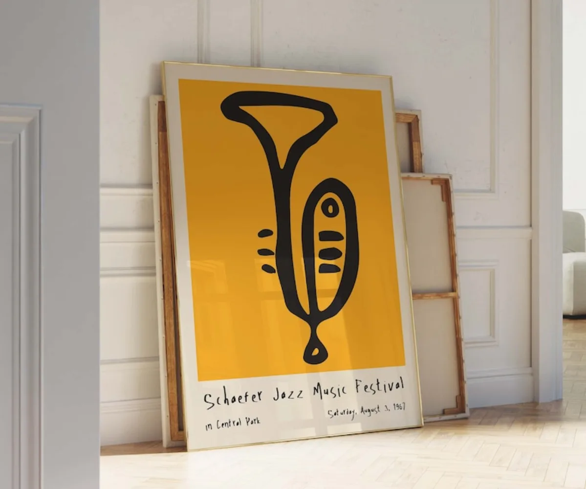 Trumpet Poster Exhibition Jazz Festival Poster Aesthetic Home Wall Decor Art Yellow Illustration Poster Print Retro Decoration