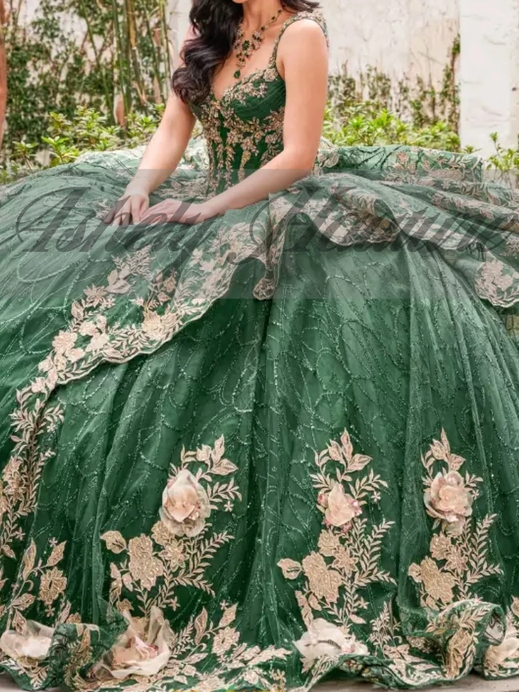 

Custom Made Green vestidos de 15 años quinceañera Lace Applique Big Puffy Skirt Women Party Special Occasion Wear Prom Communion