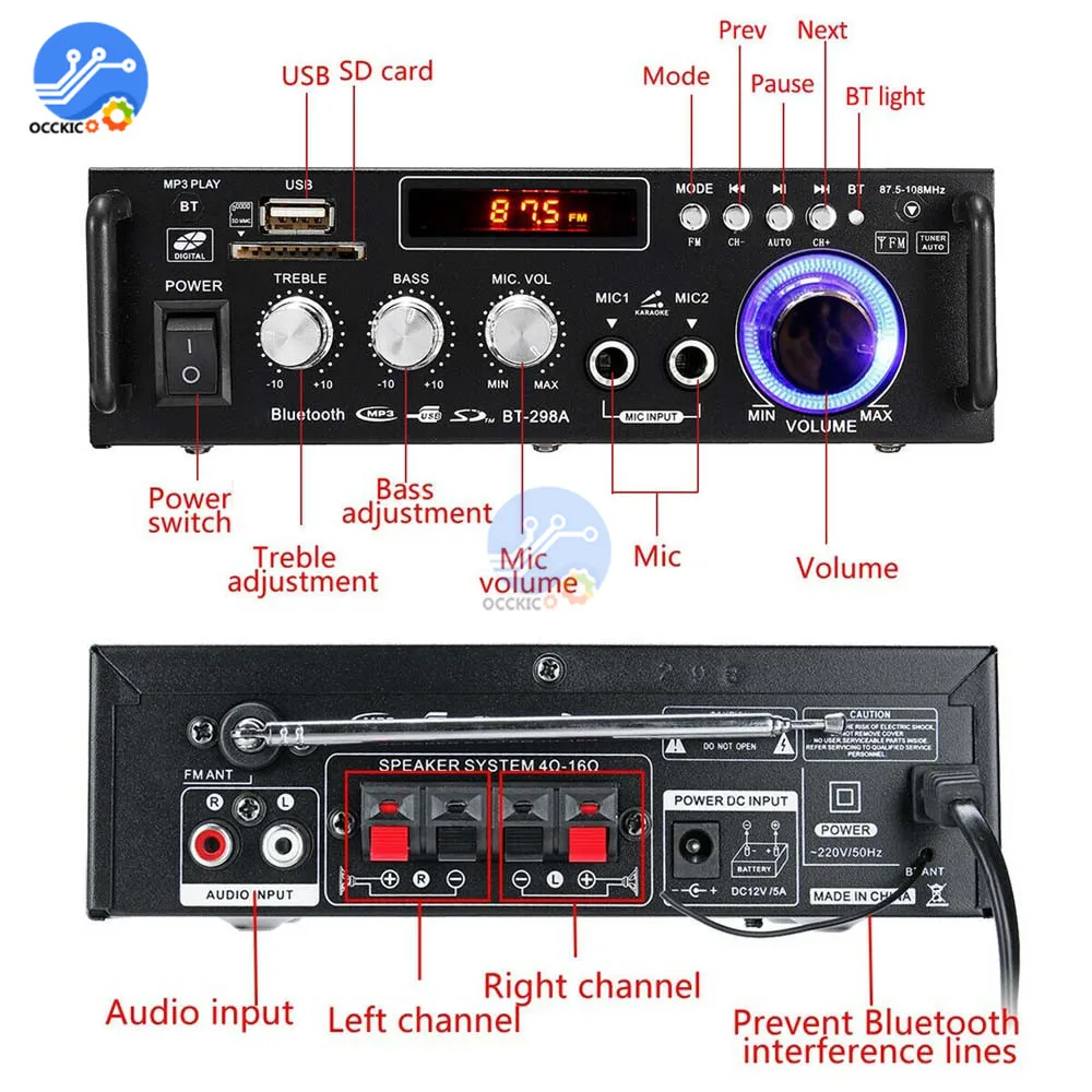 Amplifier Bluetooth 600W 300W + 300W 2CH HIFI Audio Stereo Power AMP USB FM Radio Home Theater Mobil dengan Remote Control