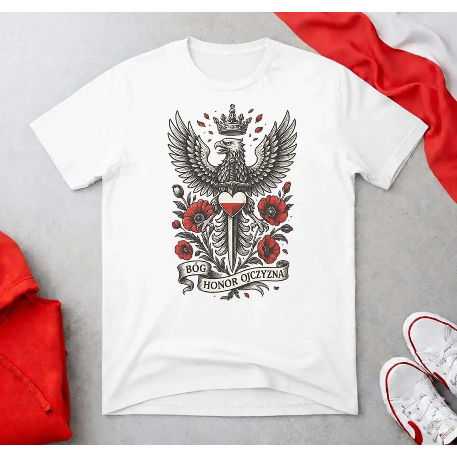 Polish Eagle T Shirt God Honor Homeland Patriotic Poland with Crowned Heart amp Poppies  vintage Washed Slightly Stylish Unisex