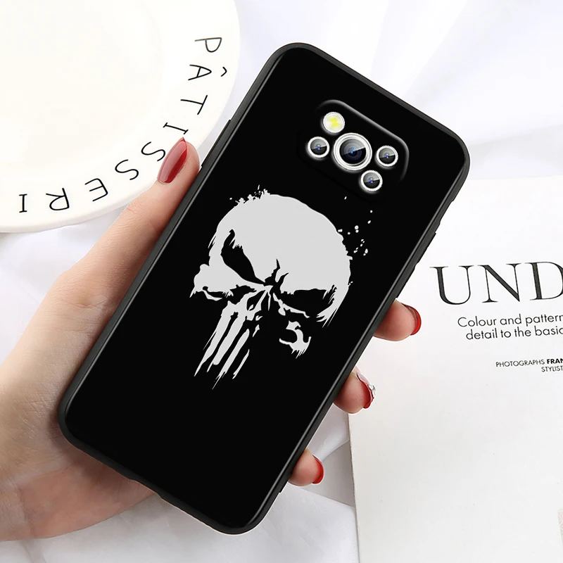 Marvel Punisher For Xiaomi Poco X6 X5 X4 X3 F4 F3 NFC M6 M5 M4 GT S Pro 4G 5G C65 Black Soft Phone Case