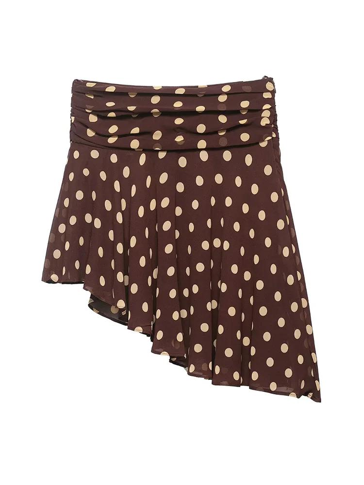 HH Women Summer New Fashion Versatile High Waist Brown Polka Dot Asymmetric Casual Skirt Female Streetwear Zipper Skirt Mujer