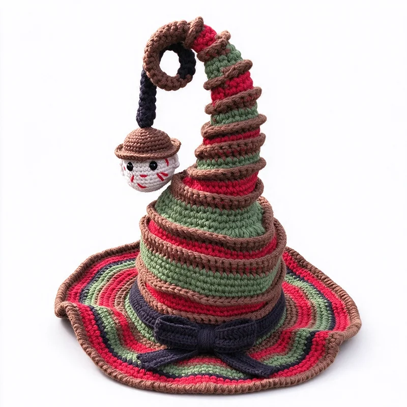 Handmade Striped Crochet Strawberry Witch Wizard Hat Custom Flower Fruit Knitted Beanie Women Halloween Festival Party Accessory