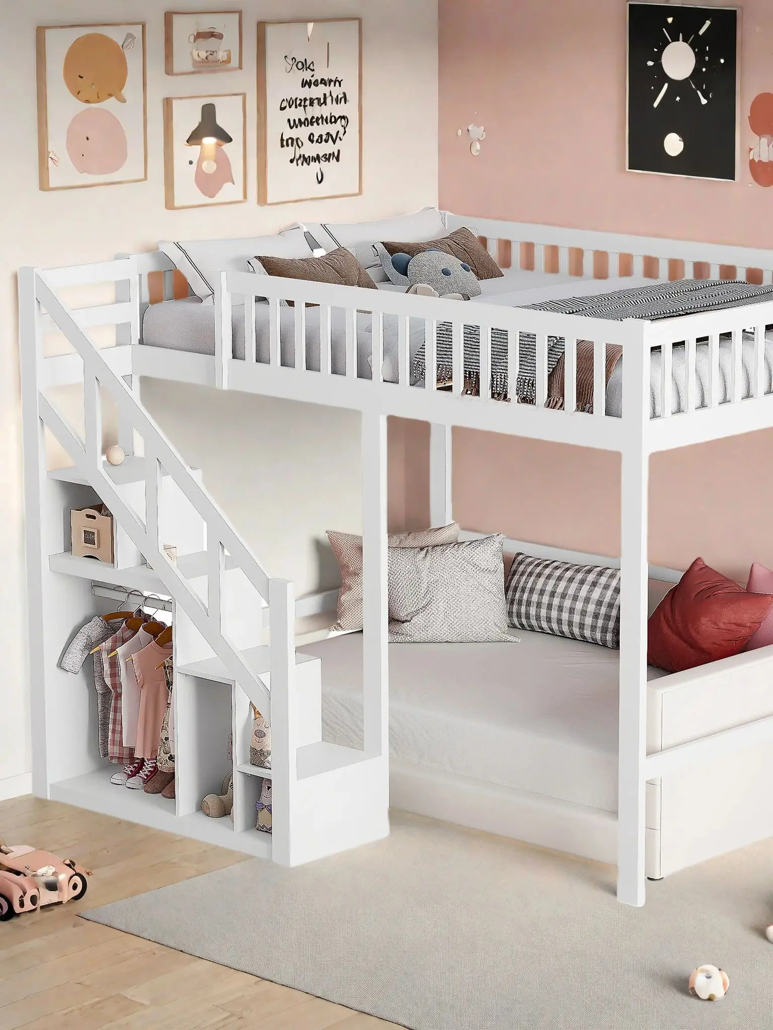 Rosahqnda Kindertrapbed 90x200/140x200 cm kinderstapelbedframe met opbergruimte en reling voor kinderkamer, wit grenen - afbeelding 2