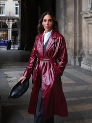 2024 Chic Burgundy Patent Leather Overcoat With Belt Women Fashion Lapel Pockets Loose Cardigan Jacket Female High Streetwear