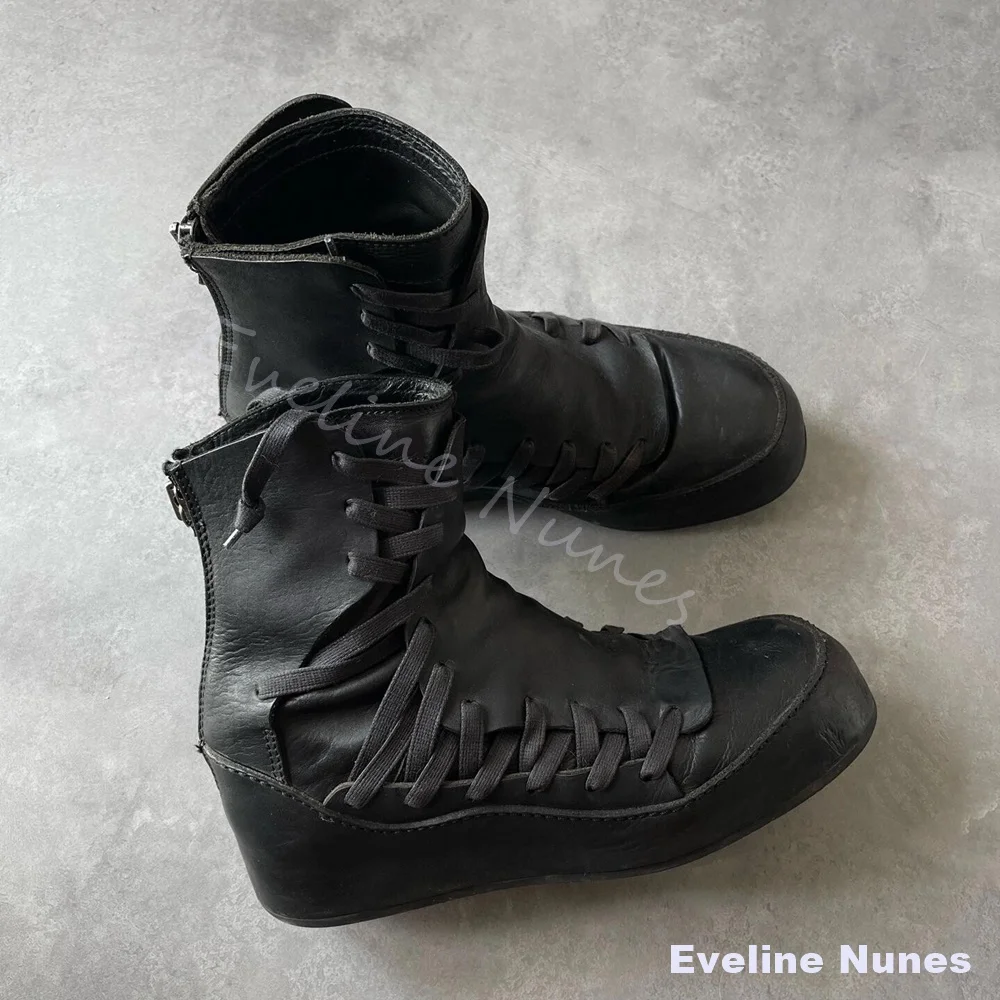 Distressed Wrinkled Genuine Leather Ankle Boots Men Weave Lace‑Up Back Zipper Round Toe Wedge Boots High-top Handmade Work Boots