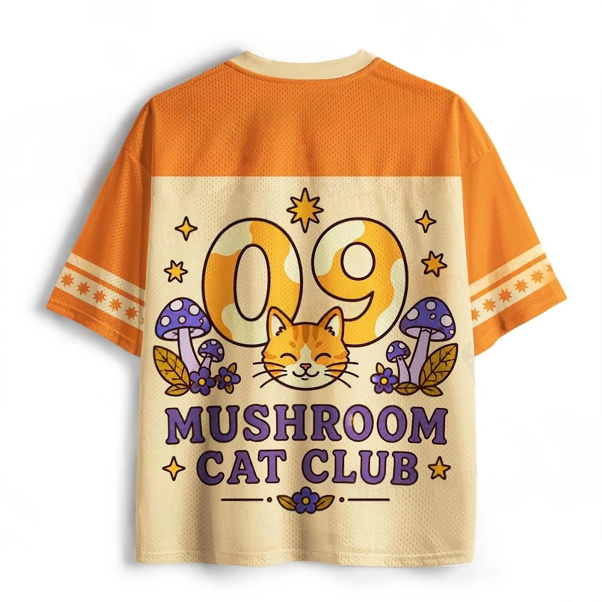 Sweet themed niche soft and cute mushroom cat club themed pattern with vibrant color matching, 3D printed mesh T-shirt