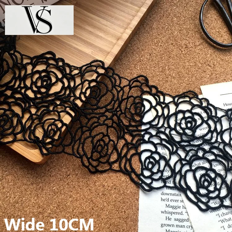 Embroidered Ribbon Flowers Fabric Lace Neckline Collar Trim Wedding Gifts Crafts 10CM Elegant Wide Black Cotton Polyester