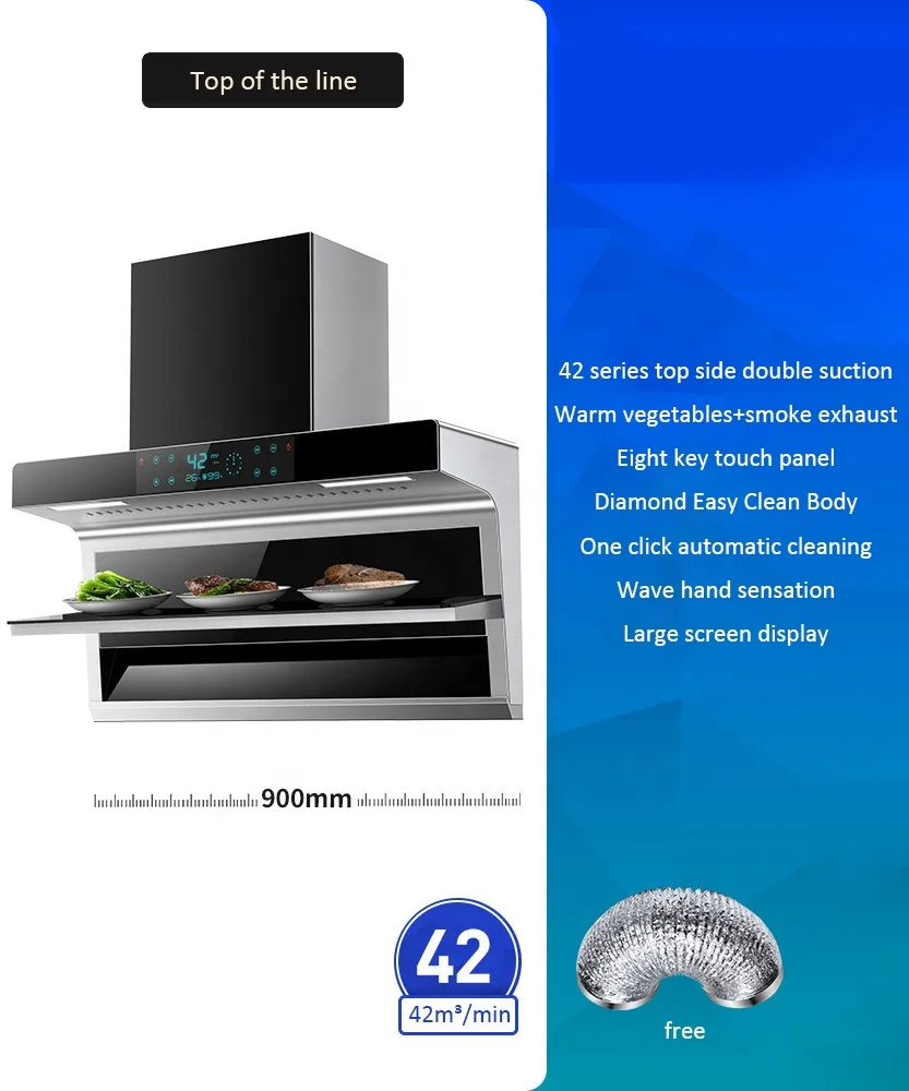 42 ㎡/min Home Appliance Kitchen Range Hood Wave Induction Wall Mounted 7-shaped Top Side Double Suction Range Hoods
