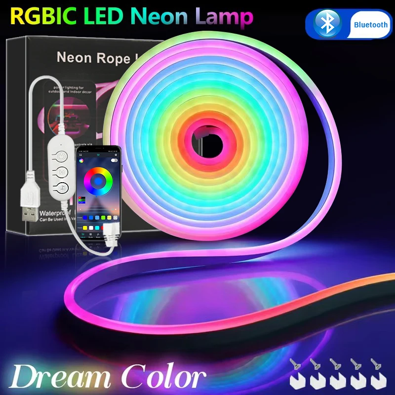 

RGBIC Neon LED Strip 1/2/3/5M IP65 Waterproof DIY USB Neon Strip Bluetooth App Control Flexible Ribbon for Home Decor Lighting