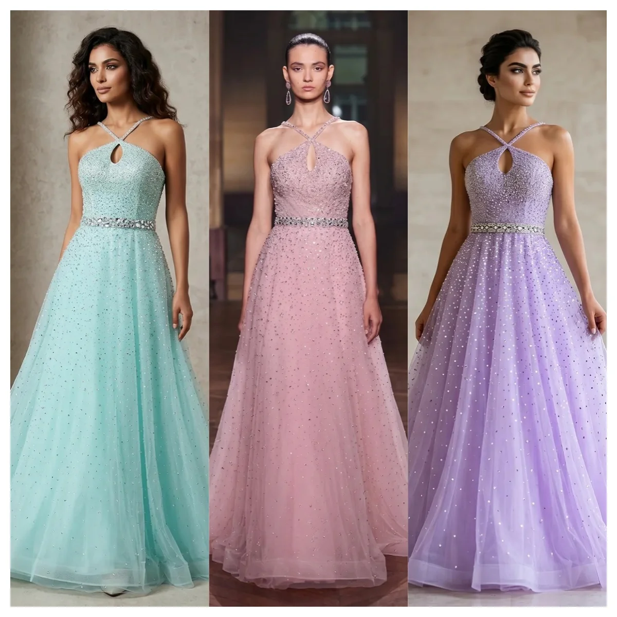 

Custom Dubai Luxury Pink Halter Evening Dress Sparkly Rhinestone Beaded Tulle Formal Party Dress A-Line Floor Length Prom Gown
