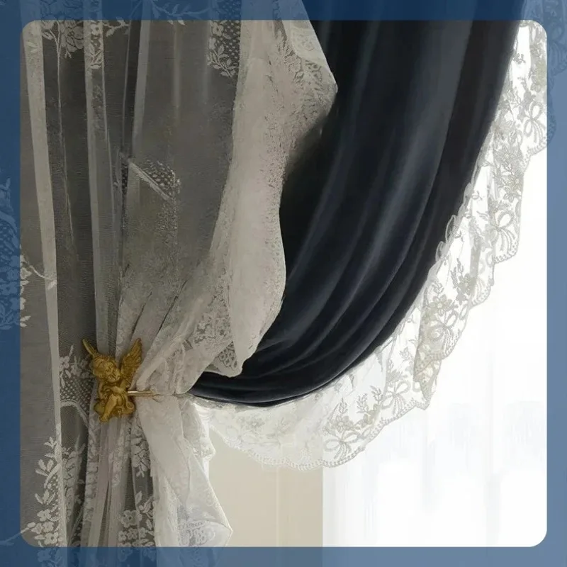 Retro Curtains New French Luxury Curtains for Living Dining Balcony Blackout Blue Velvet Cloth Curtains Decor White Tulle Thick