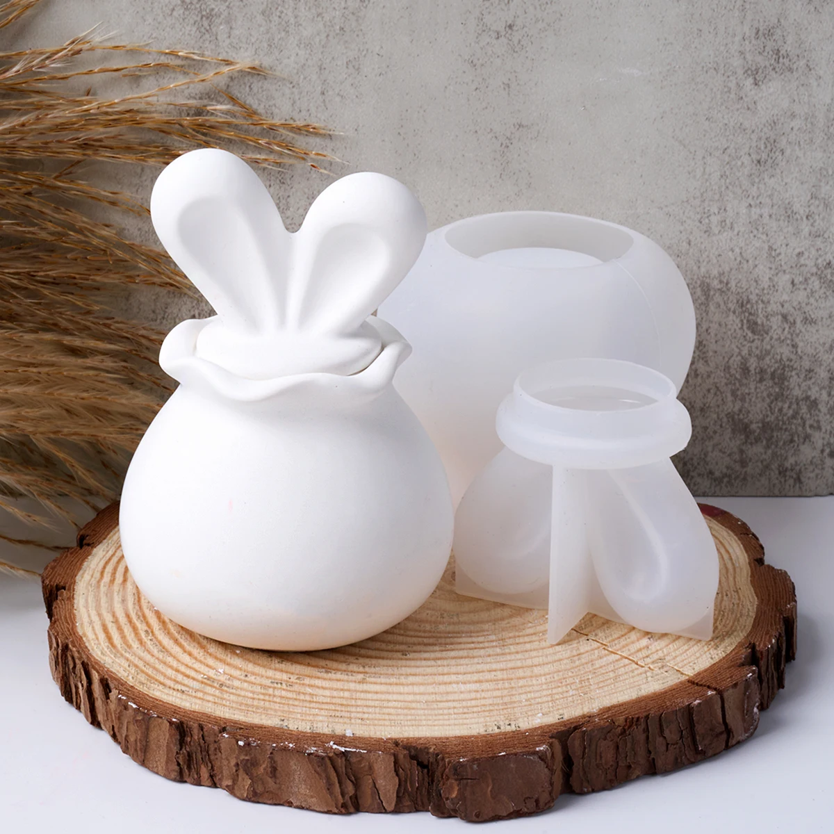 Rabbit Candle Jar Silicone Mold for Gypsum Handmade 3D Bunny Ears Scented Candle Cup with Lid Storage Container Craft Home Decor