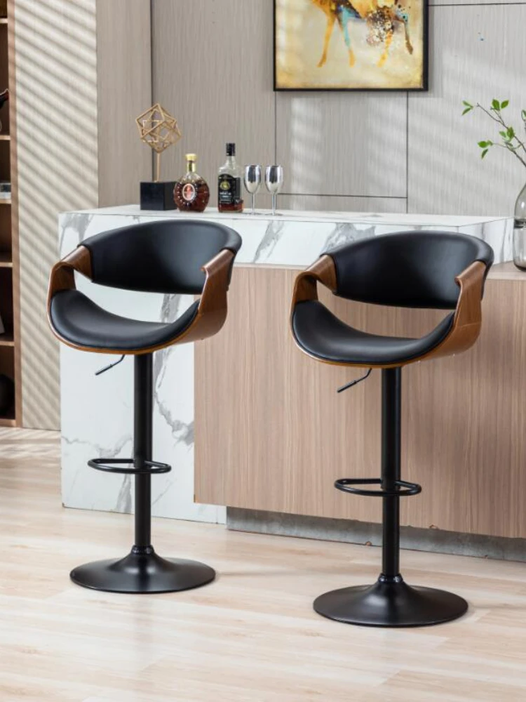 Adjustable Swivel Bar Stool, PU Leather Ecru Bent Wood Bar Chair Upholstered Seat Round Steel Base and Chrome Footrest