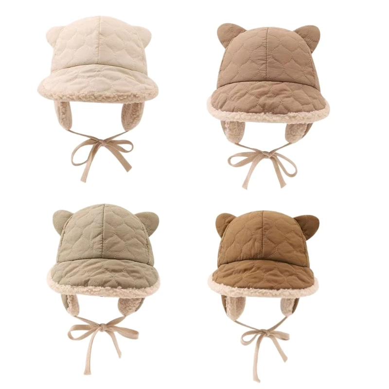 

F19F Baby Thickened Warm Basin Caps Cotton Plush Fisherman Hat for Cold Weather Ear Protections Bucket Hat Short Brim Solid