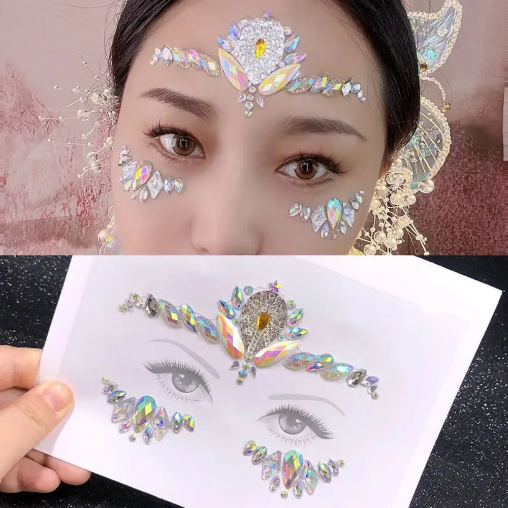 Waterproof 3D Rhinestones Sticker Glue Free Fake Tattoo Crystal Facials Sticker Colorful Disposable Temporary Tattoo Sticker