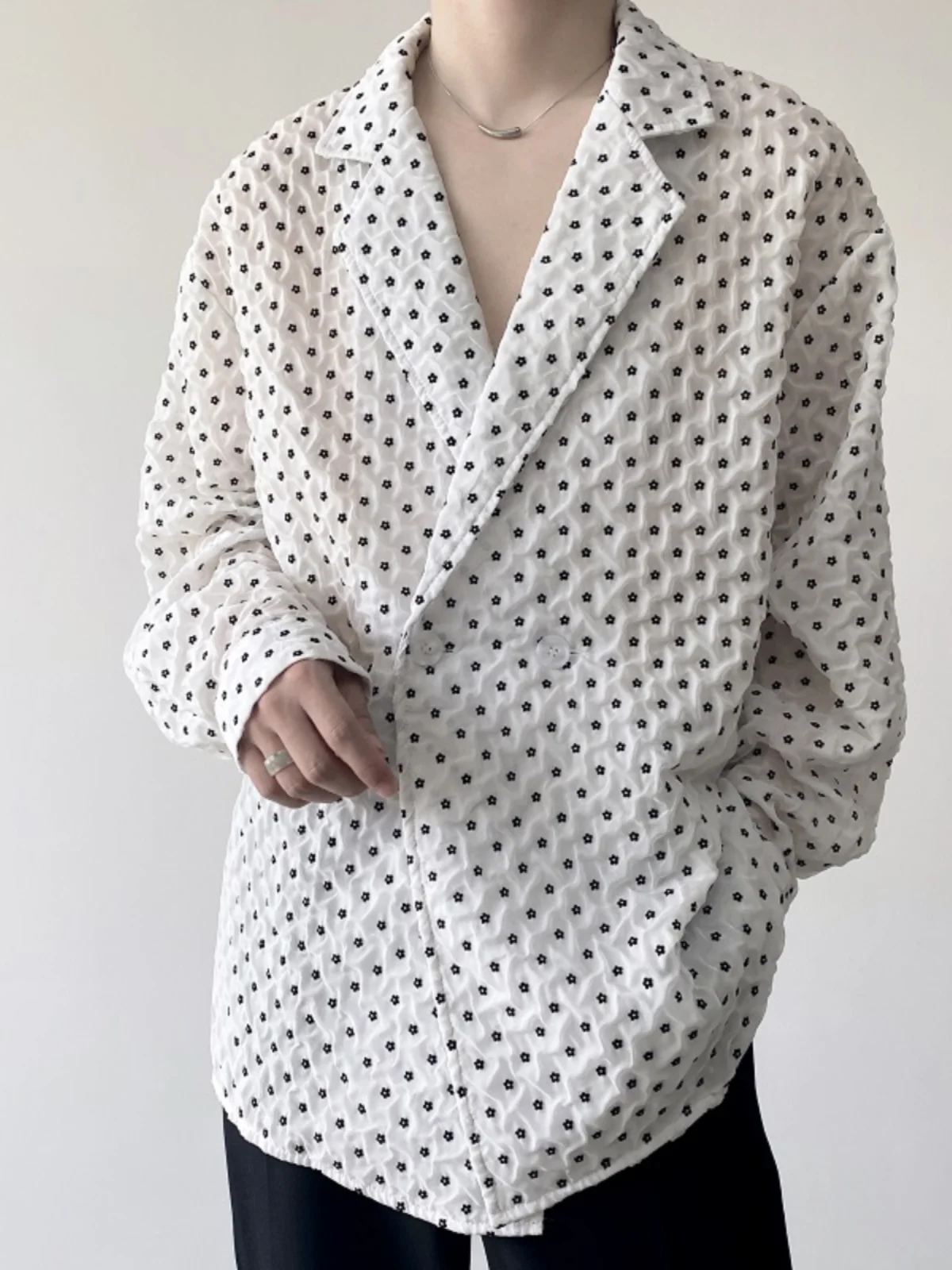 Double Layer Pleated Long Sve Floing Flower Simple mat Sle Men's irt Thin Sun Protection Clothing Flip Collar