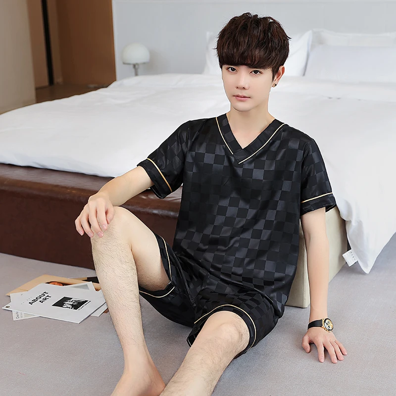 

New Pajamas Single Men's Summer Short V Neck Silk Jacquard Casual Simple Homewear Suit Pajama Set