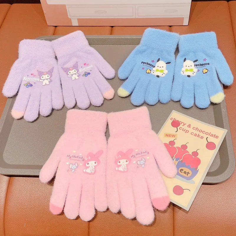 Kawaii Sanrio Kuromi Gloves Pochacco My Melody Cold Proof Winter Finger Gloves Plush Screen Touch Warm High Quality Child Gift