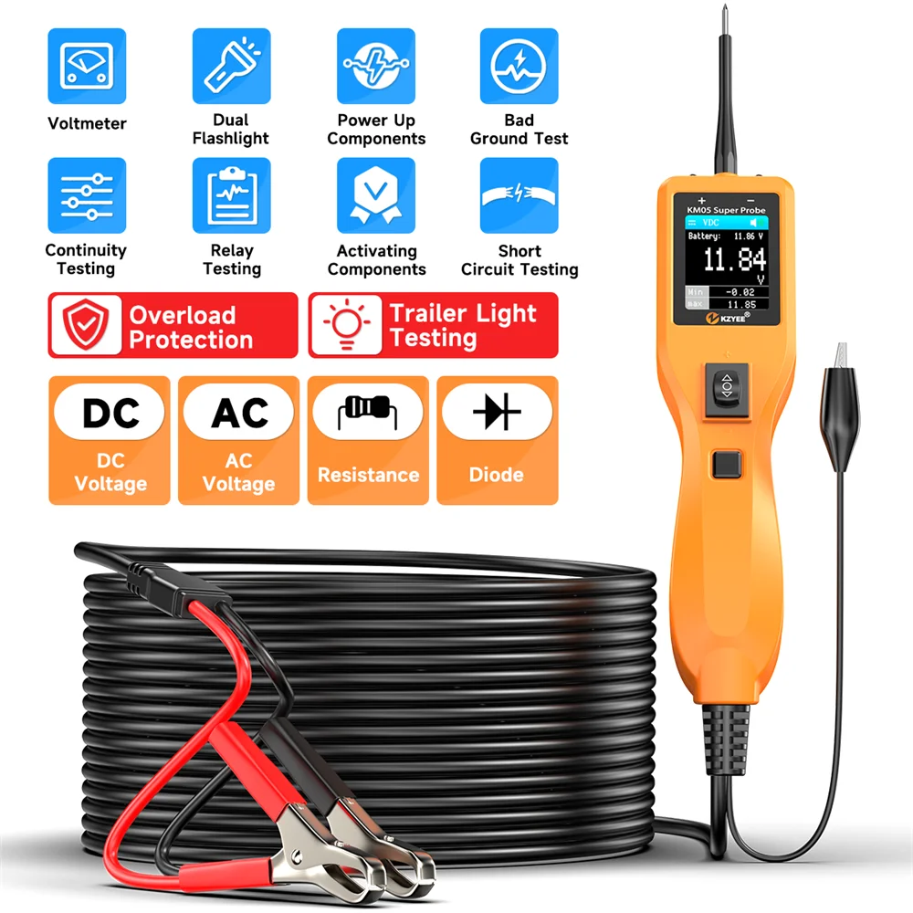 KZYEE KM05 Automotive Circuit Tester 12V 24V Digital Voltage Power Circuit Probe Kit Short Finder Electrical Diagnostic Tool