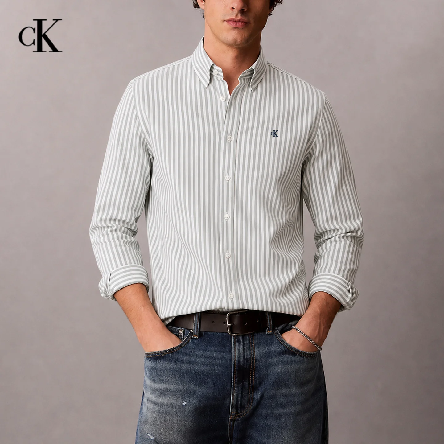 CK Men Point Collar Long Sleeve Shirt Full Button Placket Striped Print Chest Embroidery Classic Business Casual Tops