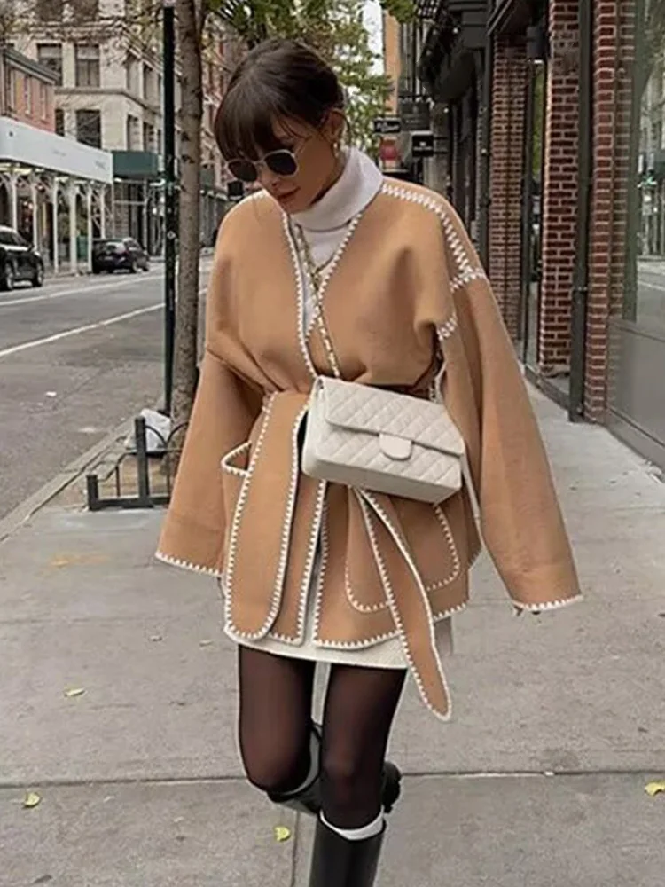 

HH женская осенняя мода 2025 года, шерстяная куртка с v-образным вырезом и поясом, женская уличная повседневная декоративная куртка с карманами Mujer