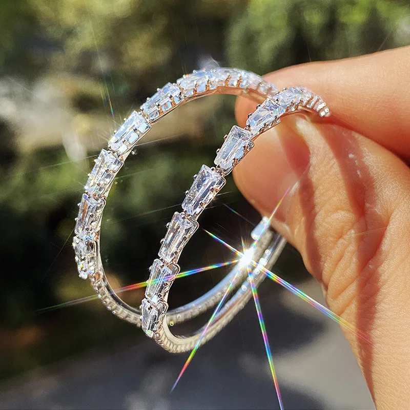

Luxury Silver Color Hoop Earring Inlaid CZ Stone Engagement Wedding Party Big Round Circle Female Earrings for Women