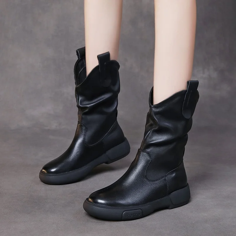 DRKANOL Luxury Genuine Leather Mid-Calf Boots Women Genuine Leather Waterproof Rubber Sole Non-Slip Street Style Slip-On boots