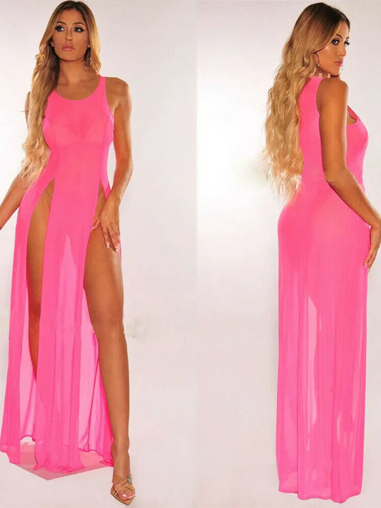 Lace O Mesh Neck Maxi Dress Mesh Lace Thin Transparent Sexy Women Slit Long Dress Elegant Women Fashion Sexy Women 7L7G
