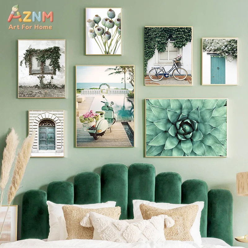 AZNM Sage Green Coastal Canvas Print Succulent Ivy Vintage Scooter Bicycle Seaside Plant Botanical Unframed Wall Poster Decor Ar