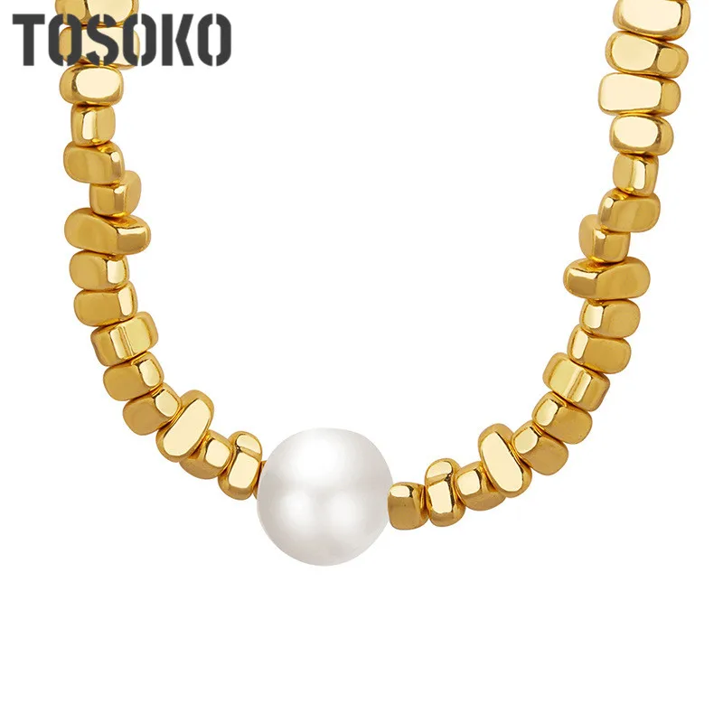 

TOSOKO Stainless Steel Jewelry Pearl Personality Mineral Pendant Necklace Of Different Sizes Girls' Collarbone Chain BSP983