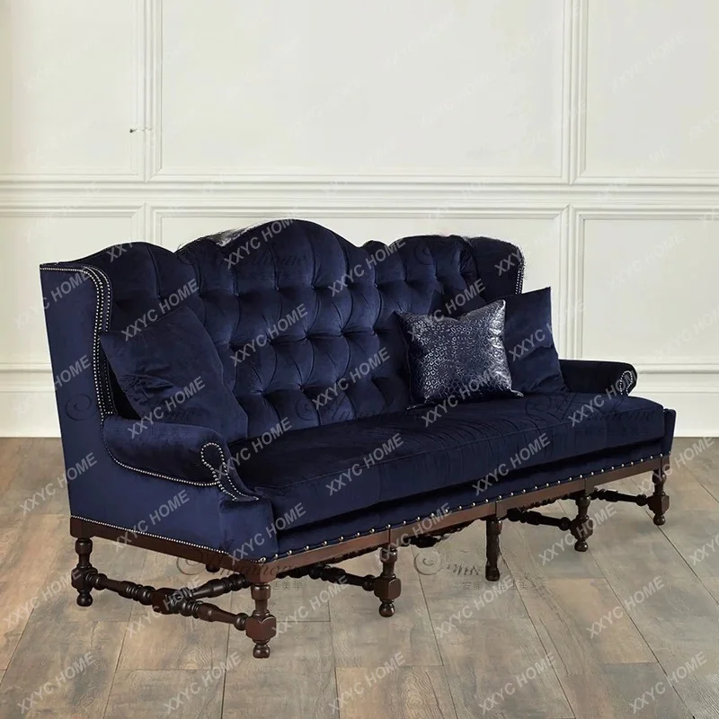 Vintage Tufted Sofa Living Room Straight Multi Person Sofa Soft Pack Solid Wood