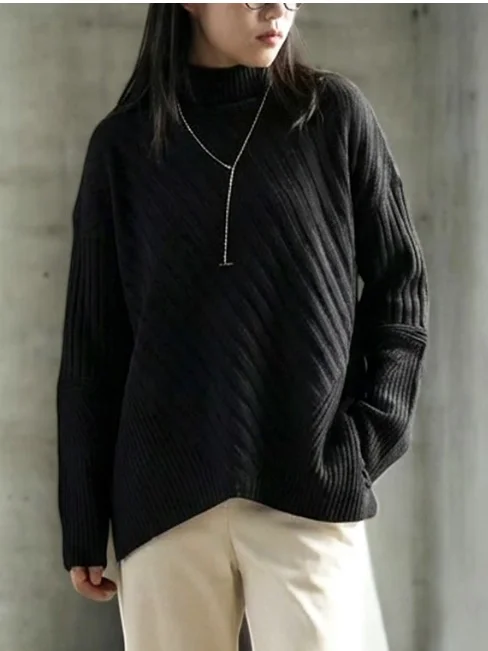 เสื้อไหมพรมคอสูงทรงปีกค้างคาวแบบอสมมาตรสำหรับผู้หญิง สวมใส่สบาย ทรงหลวมทันสมัย ผลิตจากโพลีเอสเตอร์ แขนยาว ให้ความอบอุ่น