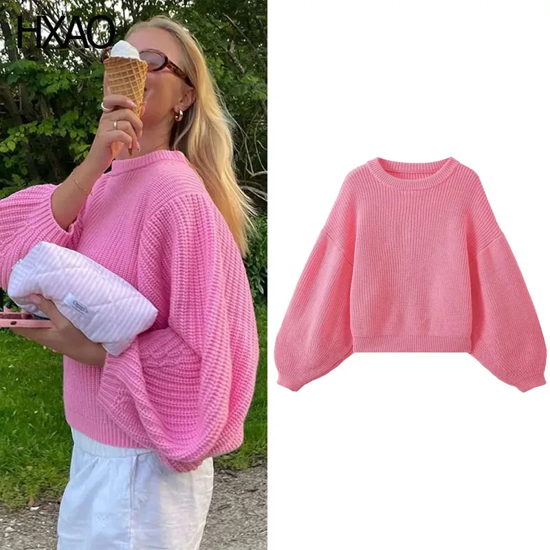 

HXAO Women's Sweater Pink Cropped Pullovers Autumn O-Neck Knit Pullover Fashion Loose Cashmere Sweater cute Knitwears